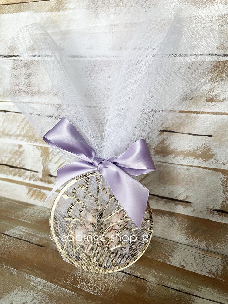 Μπομπονιέρα στεφάνι δέντρο της ζωής από χρυσό πλέξι γκλας