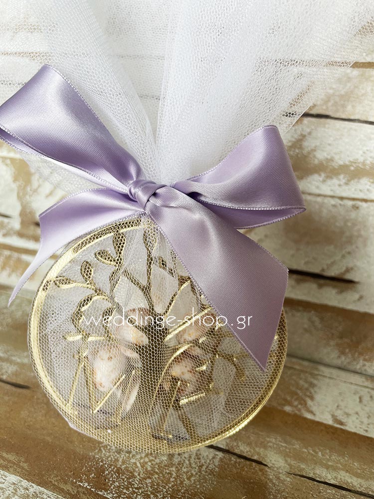 Μπομπονιέρα στεφάνι δέντρο της ζωής από χρυσό πλέξι γκλας